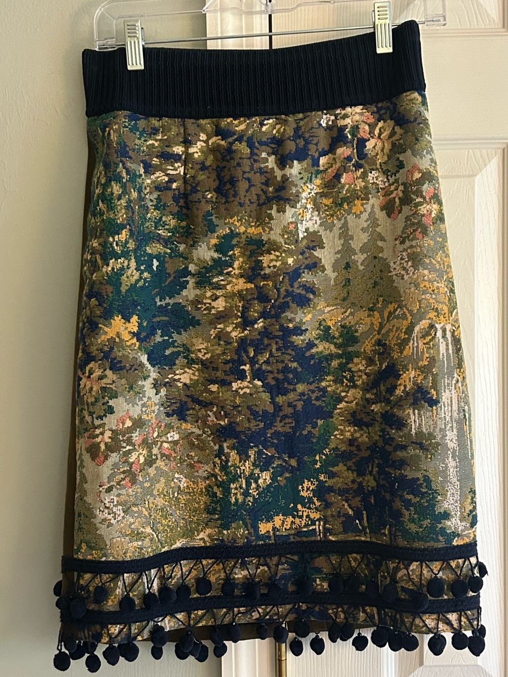 Floral Tapestry Midi Skirt with Navy Pom-Pom Trim - Multicolor